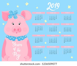 Calendar for 2019 from Sunday to Saturday. Cute pig in a hoop with a bow and a collar. Funny animal. The symbol of the Chinese New Year