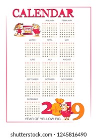 Calendar for 2019 from Sunday to Saturday with the symbols of the Chinese New Year. Cute characters in national costumes. Funny animals.