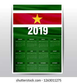 Calendar 2019 Suriname Flag background. English language