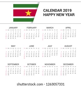 Calendar 2019 Suriname Flag background. English language