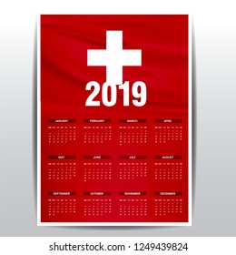 Calendar 2019 Switzerland Flag background. English language