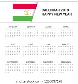 Calendar 2019 Tajikistan Flag background. English language