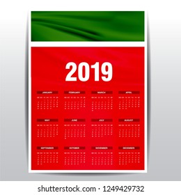 Calendar 2019 Tatarstan Flag background. English language