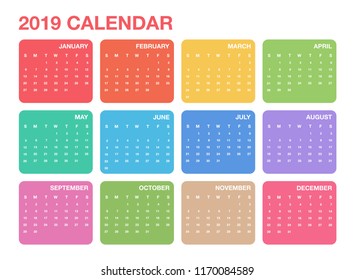 Calendar 2019 template. Colorful calendar design for planner or scheduler. Vector