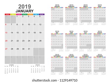 Calendar 2019 template and design with background collection. Vector EPS10