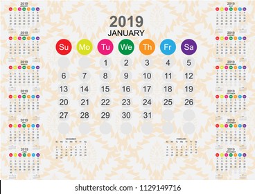 Calendar 2019 template and design with background collection. Vector EPS10