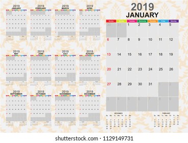 Calendar 2019 template and design with background collection. Vector EPS10