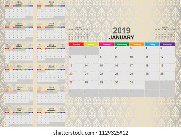 Calendar 2019 template and design with background collection. Vector EPS10