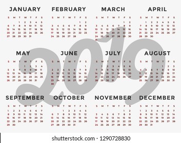 Calendar 2019 template. Calendar design in black and white colors Vector illustration