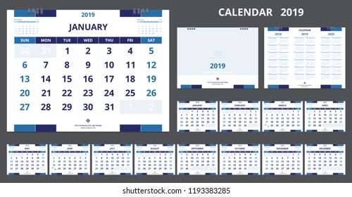 Calendar 2019 Template Design Size 8 X 6 Inches Starts Week On Sunday.