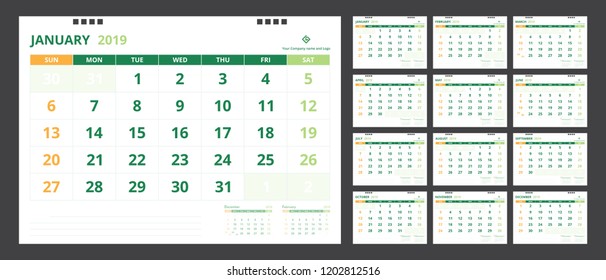 Calendar 2019 for template design size A5 starts week on Sunday.