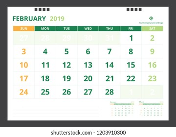 Calendar 2019 for template design size A5 February starts week on Sunday.