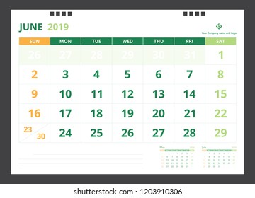 Calendar 2019 for template design size A5 June starts week on Sunday.