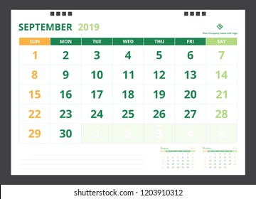 Calendar 2019 for template design size A5 September starts week on Sunday.