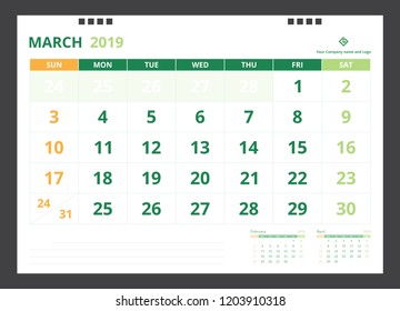 Calendar 2019 for template design size A5 March starts week on Sunday.