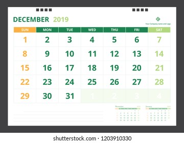 Calendar 2019 for template design size A5 December starts week on Sunday.