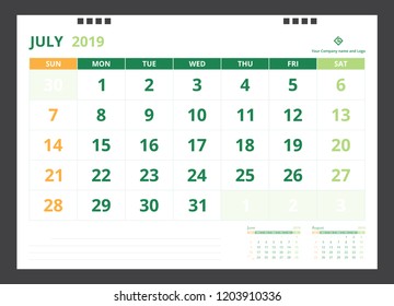 Calendar 2019 for template design size A5 July starts week on Sunday.