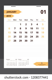 Calendar 2019 for template design size A4 January starts week on Sunday.