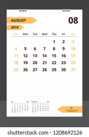 Calendar 2019 for template design size A4 August starts week on Sunday.