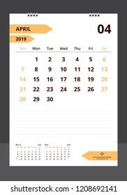 Calendar 2019 for template design size A4 April starts week on Sunday.