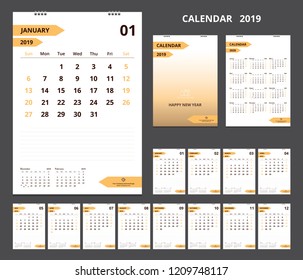 Calendar 2019 for template design size A4 starts week on Sunday.