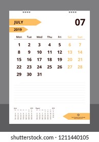 Calendar 2019 for template design size A4 July starts week on Monday.