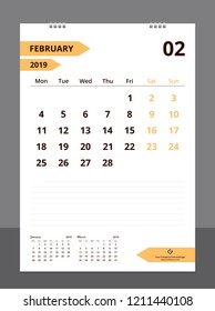Calendar 2019 for template design size A4 February starts week on Monday.