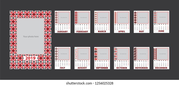 Calendar 2019, Calendar template design with traditional motifs and place for photo. Week starts on Monday. 12 months set
