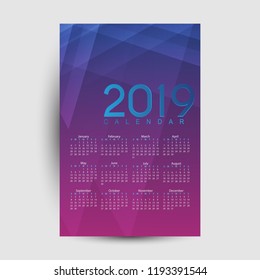 Calendar for 2019 calendar template. Editable vector file available