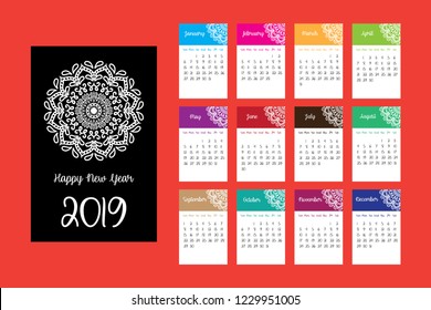 Calendar 2019 template with mandala