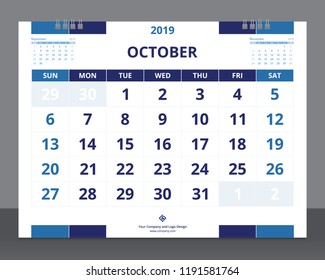Calendar 2019 template size 8 x 6 inches October starts week on Sunday.