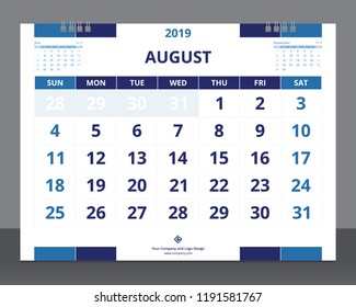 Calendar 2019 template size 8 x 6 inches August starts week on Sunday.