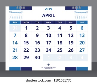 Calendar 2019 template size 8 x 6 inches April starts week on Sunday.