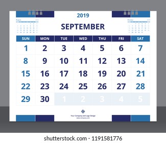 Calendar 2019 template size 8 x 6 inches September starts week on Sunday.