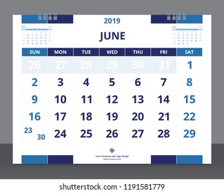 Calendar 2019 template size 8 x 6 inches June starts week on Sunday.