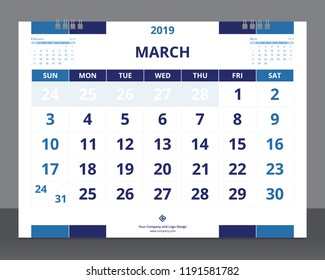Calendar 2019 template size 8 x 6 inches March starts week on Sunday.