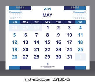 Calendar 2019 template size 8 x 6 inches May starts week on Sunday.