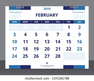 Calendar 2019 template size 8 x 6 inches February starts week on Sunday.