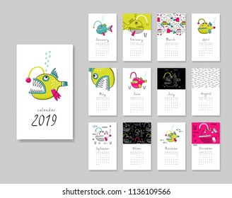 Calendar 2019. Templates with angler theme design. Vector illustration. Pink, blue and green colors.