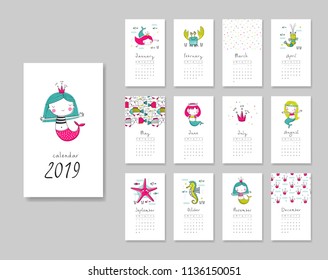 Calendar 2019. Templates with mermaid theme design. Vector illustration. Pink, blue and green colors.