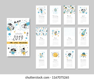 Calendar 2019. Templates with space theme design. Vector illustration in blue and yellow.