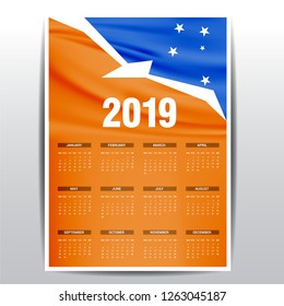 Calendar 2019 Tierra del Fuego province Argentina Flag background. English language