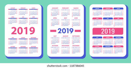 Calendar 2019. Trendy color set. Week starts on Sunday. Basic grid. English calender collection. Blue and pink