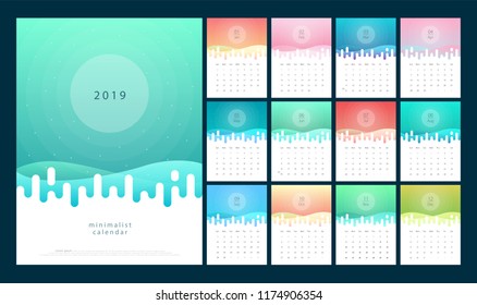 Calendar 2019 Trendy Gradients With Pastel Color Style. Set of 12 pages desk calendar. Vector design printing template