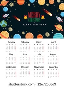 Calendar 2019 trendy. Merry christmas and happy new year. Comet flying space with planets and spaceships