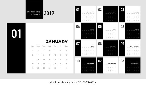 Calendar 2019 Trendy Minimalist Style. Set of 12 pages desk. minimal calendar planing black and white vector design for printing template