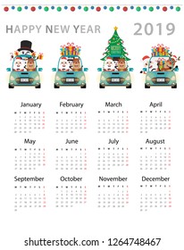 Calendar 2019 Trendy. Santa Claus and reindeer drive car on winter snowy. flat design