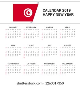 Calendar 2019 Tunisia Flag background. English language