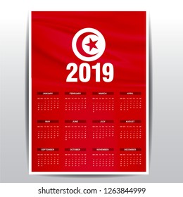 Calendar 2019 Tunisia Flag background. English language