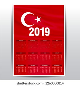 Calendar 2019 Turkey Flag background. English language